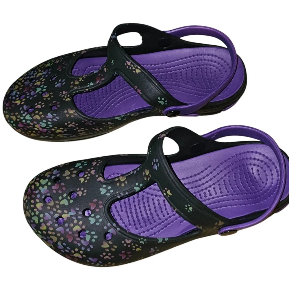 NWOT Black Purple Multicolor‎ Paw Print Womens Mary Jane Sandals 9 - Picture 3 of 5